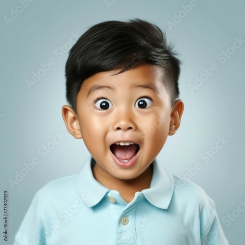 Portrait of a surprised little Asian boy with open mouth and big eyes. Closeup face of a shocked Chinese kid on a blue background looking at camera . Front view of amazed Japanese child in blue shirt.