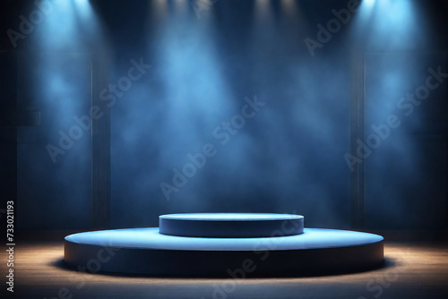 Stage podium illuminated with spotlight. Award ceremony concept. 3D Rendering