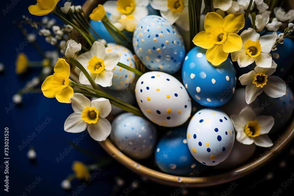 Spring flowers bouquet. Happy Easter background. Ukrainian blue and yellow Easter eggs and sweets.
