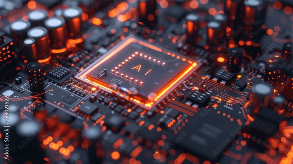 microchip designed for AI on a circuit board - closeup microchip designed for AI on a circuit board - closeup
