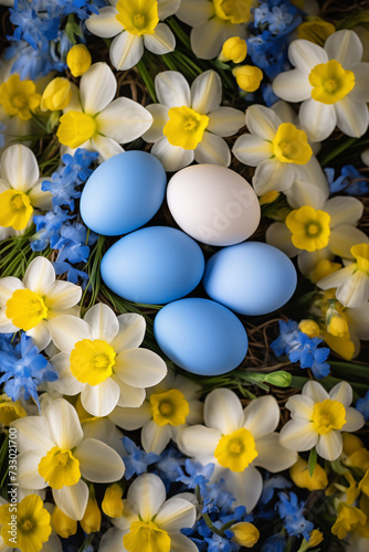 Spring flowers bouquet. Happy Easter background. Ukrainian blue and yellow Easter eggs and sweets.