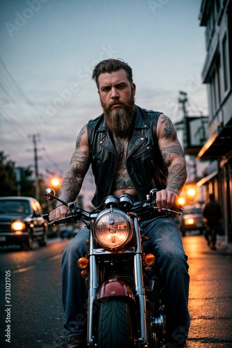 A rugged biker motorcycle gang member with tattoos and leather jacket looking dangerous