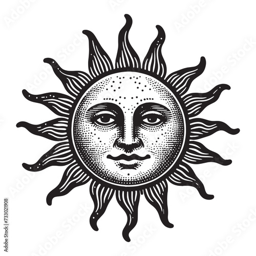 Sun with a face. Vintage engraving illustration. Icon, logo, emblem. Isolated object. Black and white. Outline vector illustration	