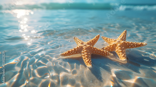 A starfish is on the sand of a beach, with the sun shining on the water in the background. © wing