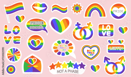 Rainbow.Set of stickers. Bright vector illustration. Symbols, Gay pride LGBT flag. © Oxana