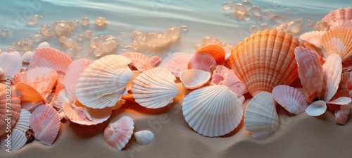 Numerous seashells scattered across the sandy beach, forming a cluster.
