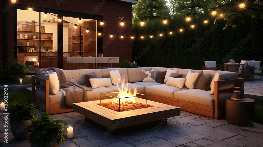 A modern outdoor patio with a sectional sofa, fire pit, and string lights for ambiance