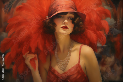 digital portrait of a 1920s flapper woman in a red hat and feathers
