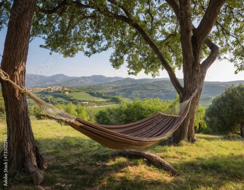 Summer landscape with a hammock and a view of the mountains. Generation of AI.