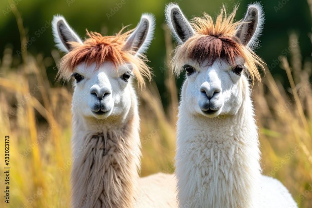 Two llamas standing side by side, showing their distinct features and calm demeanor.
