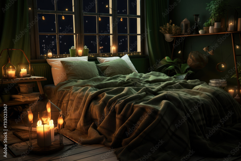 Comfortable bed with pillows and candles on the background of the window