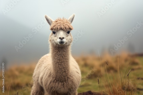 A llama is standing confidently on top of a grass-covered field, showcasing its presence in the natural landscape.