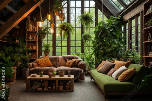 Interior of modern living room with green sofa  coffee table and plants