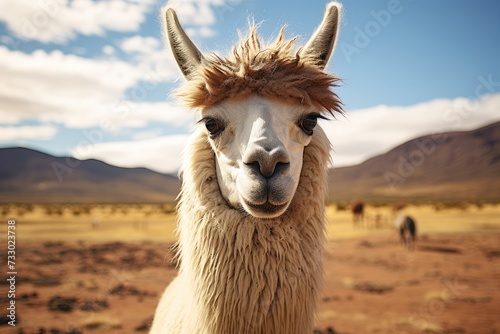 A llama is seen close up in a field  with majestic mountains providing a stunning backdrop.