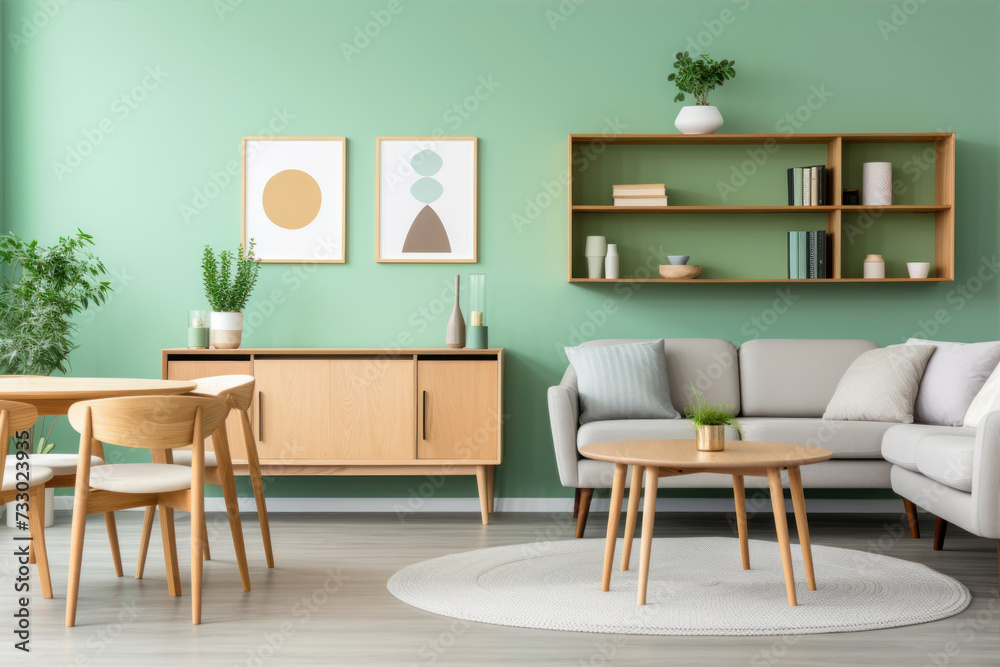 Interior of modern living room with green wall, sofa and coffee table Interior of modern living room with green wall, sofa and coffee table