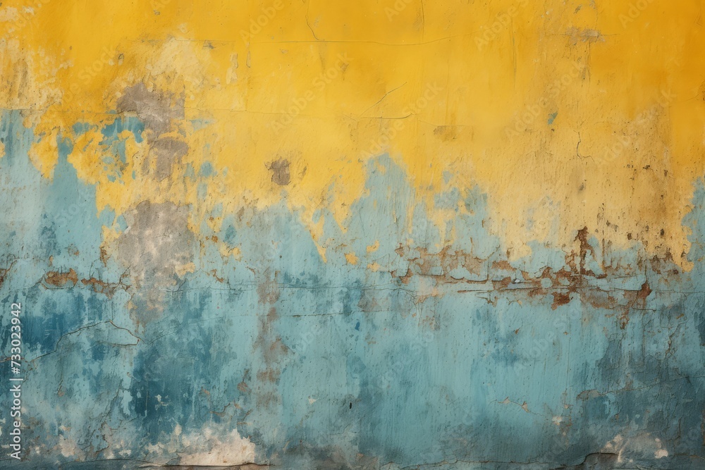 Damaged wall texture, blue and yellow colors, dirty colorful grunge background