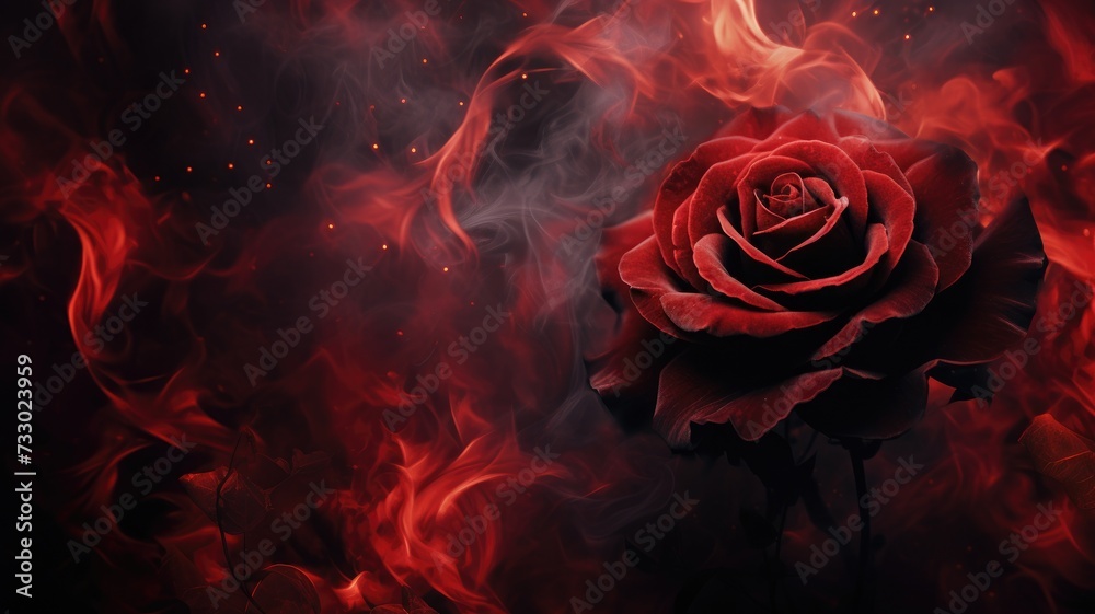 A red rose, surrounded by red smoke, stands out against a black background in a captivating image. A red rose, surrounded by red smoke, stands out against a black background in a captivating image.