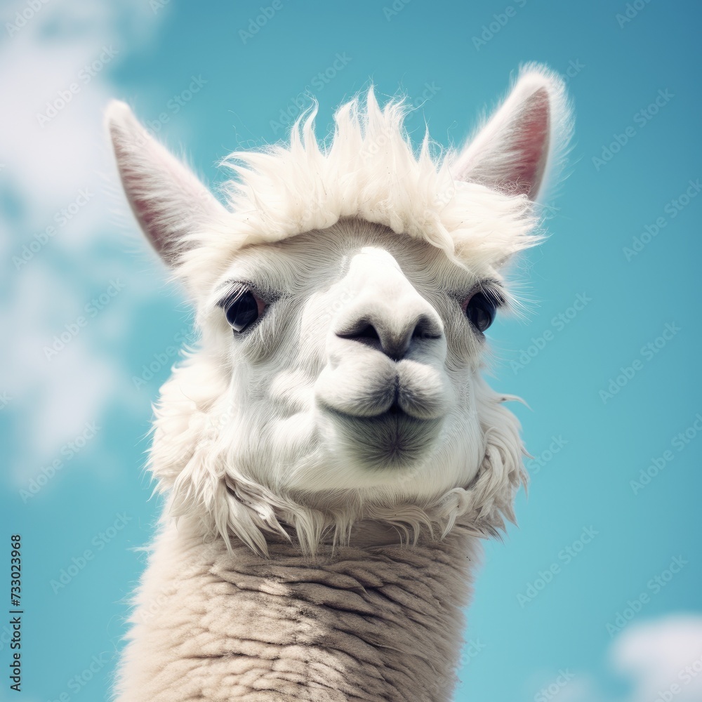A detailed image showing a llama up close, set against a clear sky backdrop.