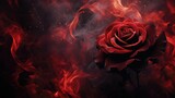 A red rose, surrounded by red smoke, stands out against a black background in a captivating image.