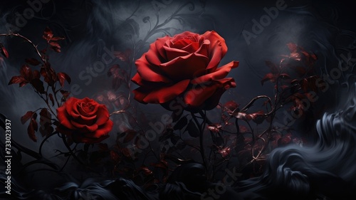 A realistic painting of a red rose on a dark background, capturing the vibrant color and delicate petals of the flower.