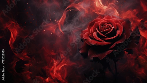 A red rose, surrounded by red smoke, stands out against a black background in a captivating image.