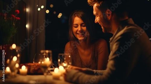 A man and a woman are seated at a table  with candles placed in front of them.