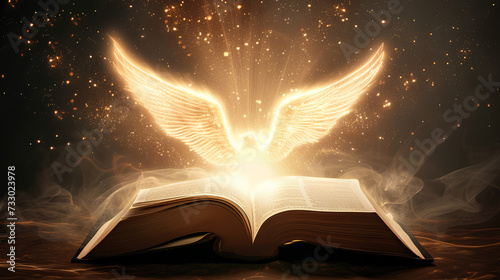 An open book with angel wings and rays of light.