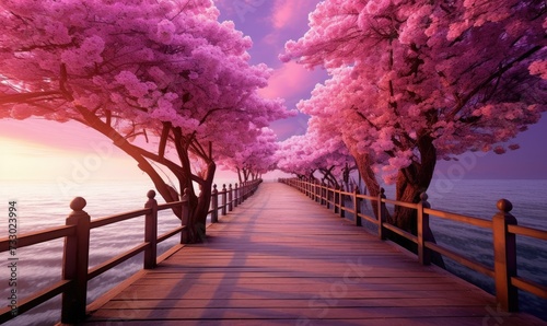 This photo depicts a painting of a pier set against a backdrop of pink trees.