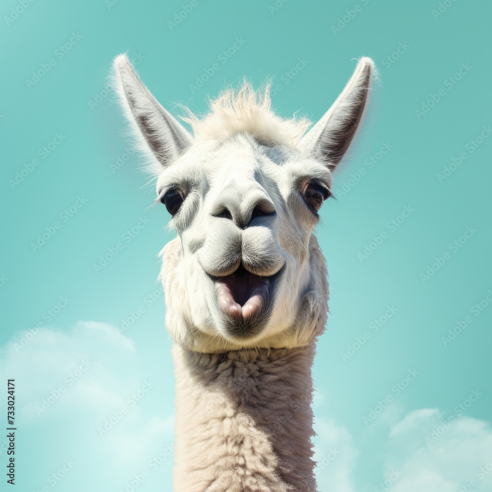 This close-up photo showcases a llama in clear focus against a beautiful sky background.