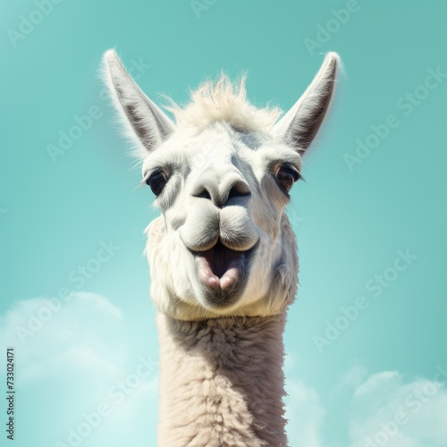 This close-up photo showcases a llama in clear focus against a beautiful sky background. © pham
