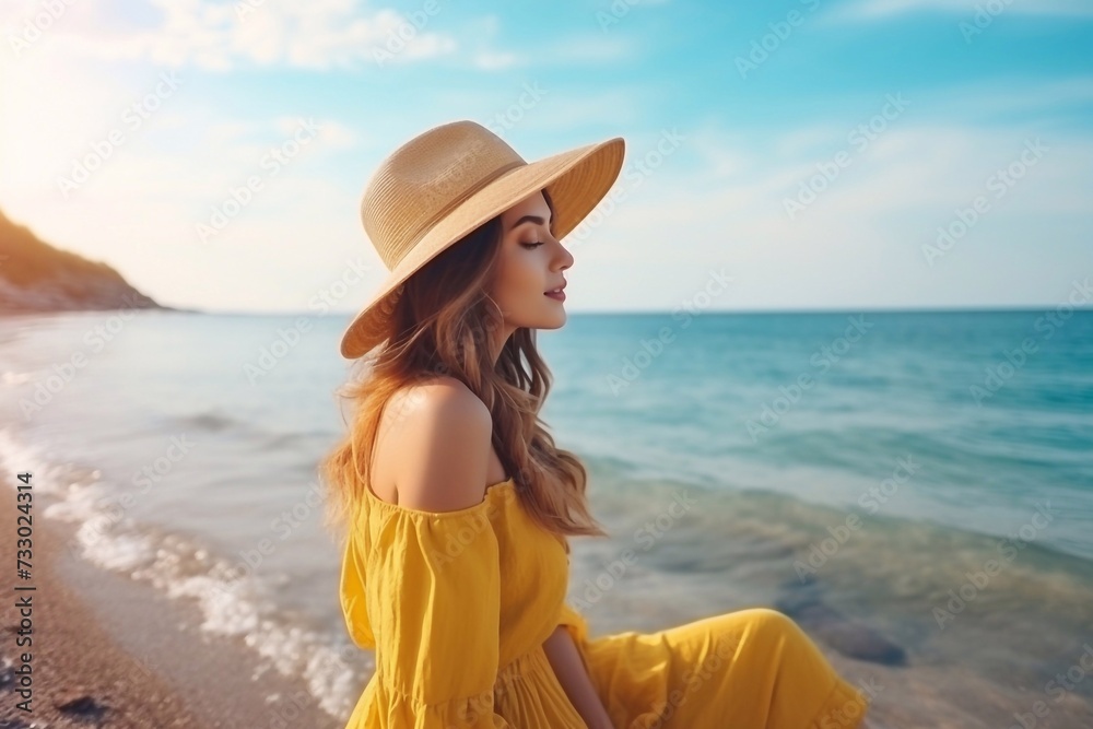  Attractive girl enjoy outdoor lifestyle looking beautiful ocean nature on beach holiday vacation