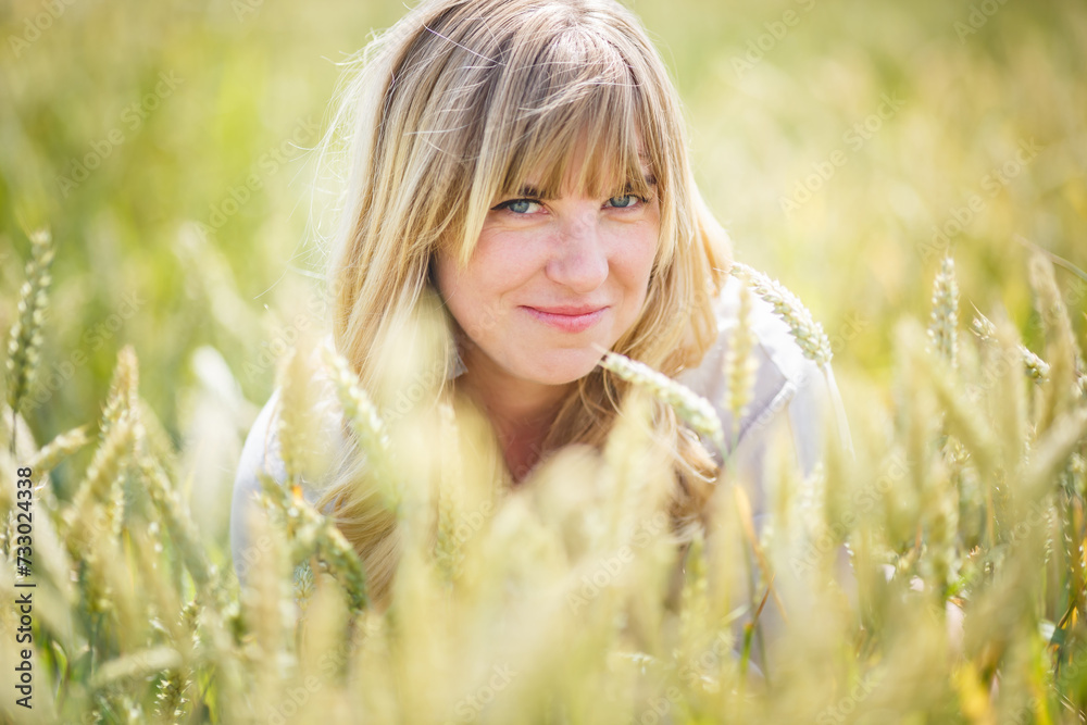 beautiful girl in a linen dress in a wheat field beautiful girl in a linen dress in a wheat field