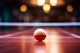Ball on table tennis sport or ping pong on table and blurred background in activity game, net on table for competition championship