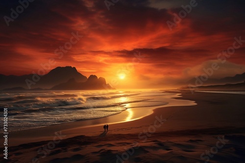 Amazing beach sunset with endless horizon and lonely figures in the distance, and incredible foamy waves. Volcanic hills in the background © Ирина Курмаева