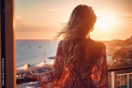 Beautiful woman standing and enjoying the large balcony on sunset with sea view