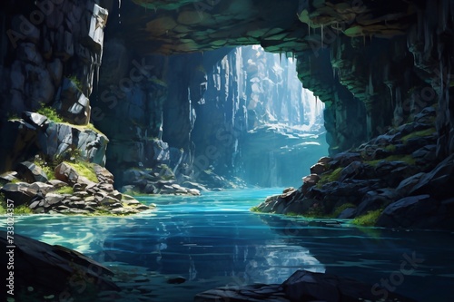 Illustration of a cave and a water in a beautiful nature