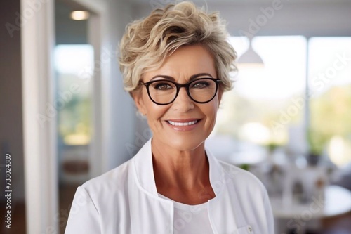 Free Download 
Portrait of one mature blonde caucasian woman with eyeglasses doctor medic stand during home visit happy smile looking to the camera confident copy space - GFXLoad