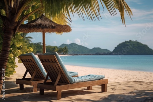  perfect landscape background for relaxing two sunbeds and a straw umbrella against the background of sea water and mountains