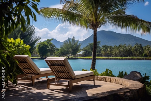  perfect landscape background for relaxing two sunbeds and a straw umbrella against the background of sea water and mountains