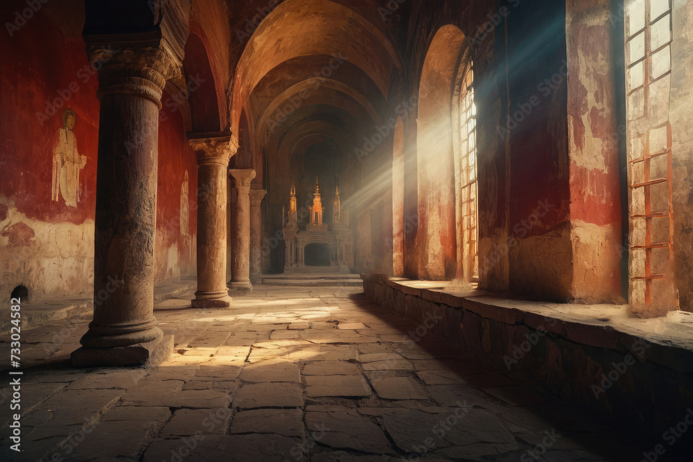 Cinematic Ancient Ornate Tunnel Leading to Stone Hall with Torches and Arches - 3D Render Illustration