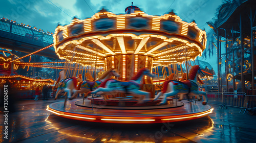 Long exposure photo of a merry-go-round with horses and bright lights at night. © wing