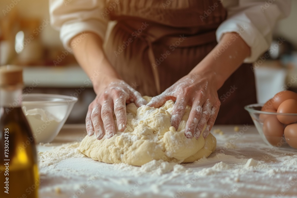 A pair of hands kneading dough in the kitchen on a white table surrounded by ingredients for cooking