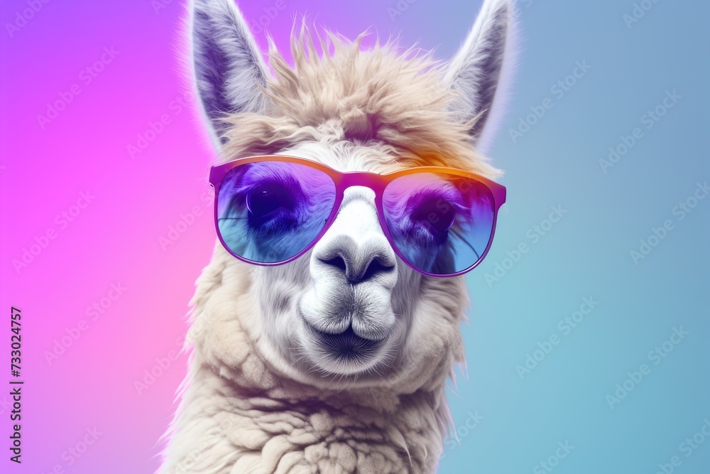 A llama wearing sunglasses stands against a vibrant, multi-colored background.