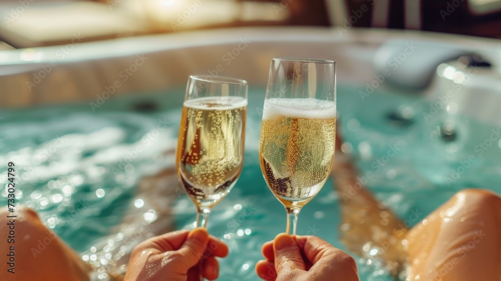 Sweet couple toasting with their champagne glasses while relaxing in the jacuzzi tub, Celebrating honeymoon in luxury. - obrazy, fototapety, plakaty 