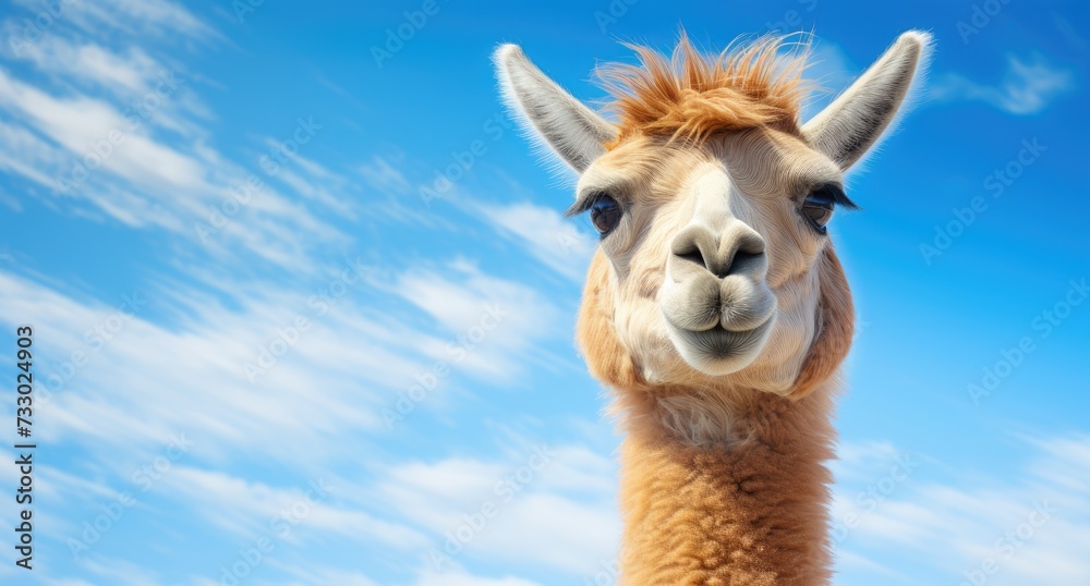 A detailed view of a llama, with the sky in the background, showcasing its features and surroundings.
