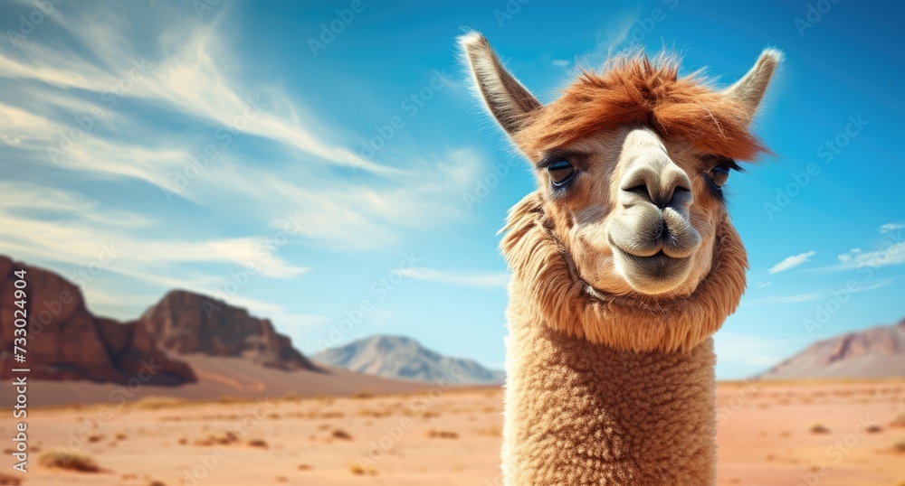 A detailed view of a llama standing in the arid desert landscape.