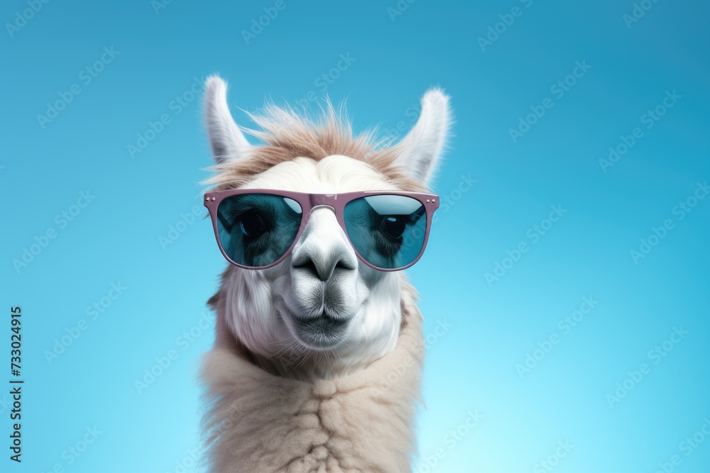 Fototapeta premium A llama wearing sunglasses poses against a blue background, looking cool and stylish.