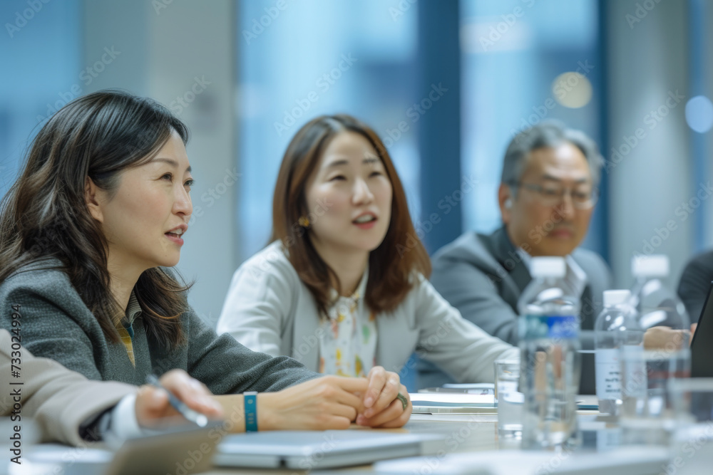 A group of Asian business professionals engaged in a discussion during a corporate meeting in a modern office environment. A group of Asian business professionals engaged in a discussion during a corporate meeting in a modern office environment.