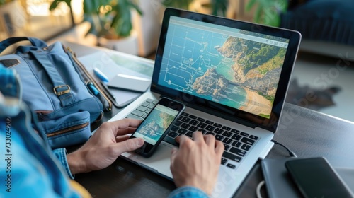 Man using a laptop and smartphone for booking hotel online. Tour reservation, Booking online concept.