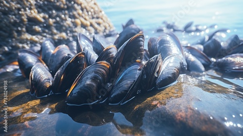 Beautiful clam farm from underwater. An oyster farm on a nice sunny day. Fresh seafood. Clam farming in the sea. Seafood commercial farming. Closeup natural clam growing in the wild. photo